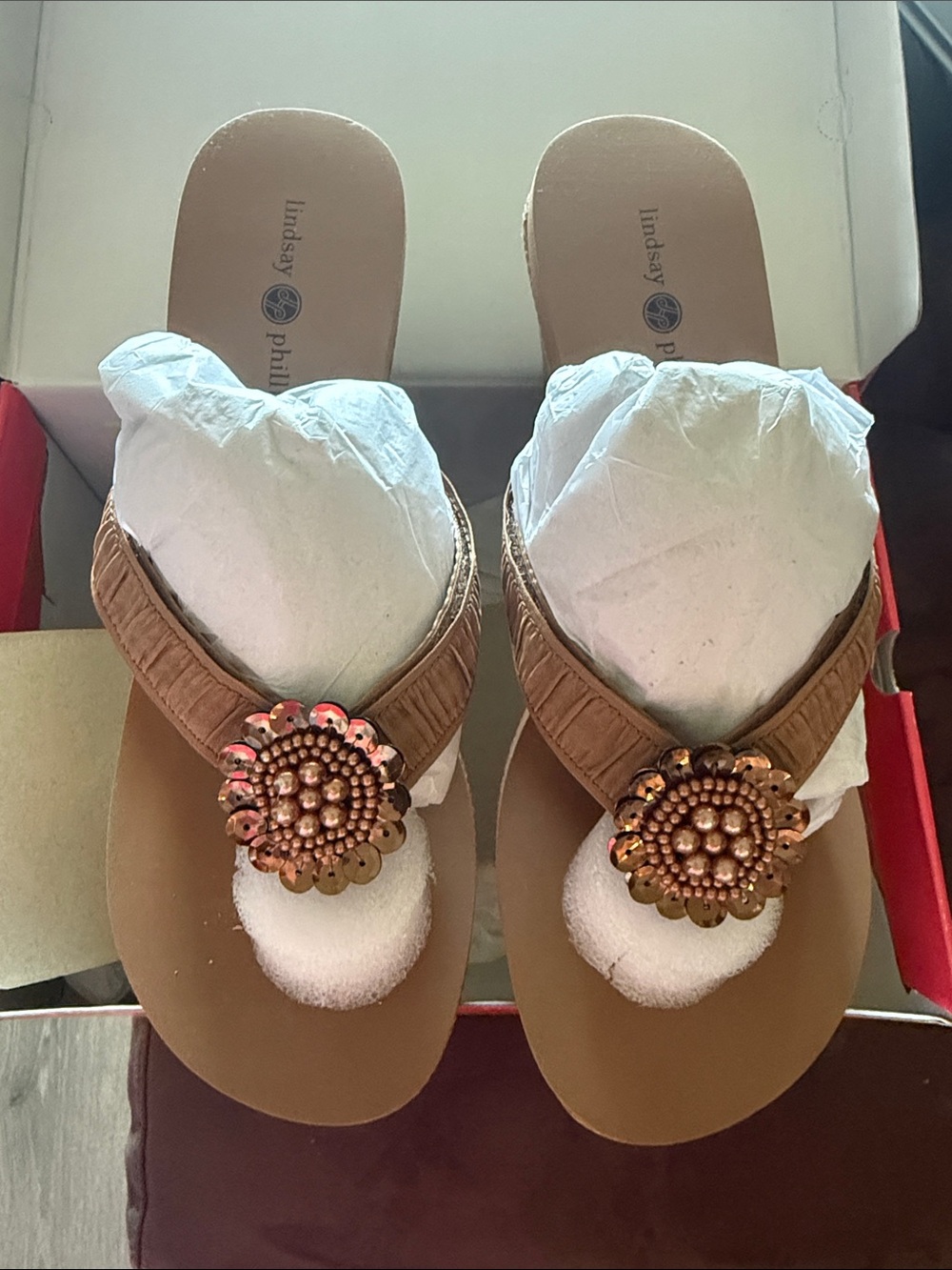 lindsay phillips tan beaded medallion thong sandals
